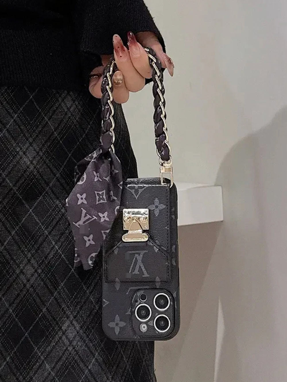 Black Louis Vuitton IPhone Case With Card Holder & Strap