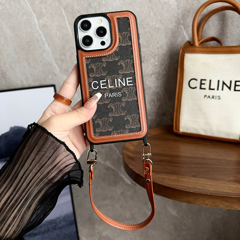 Designer Celine Leather IPhone Case with Wrist Strap