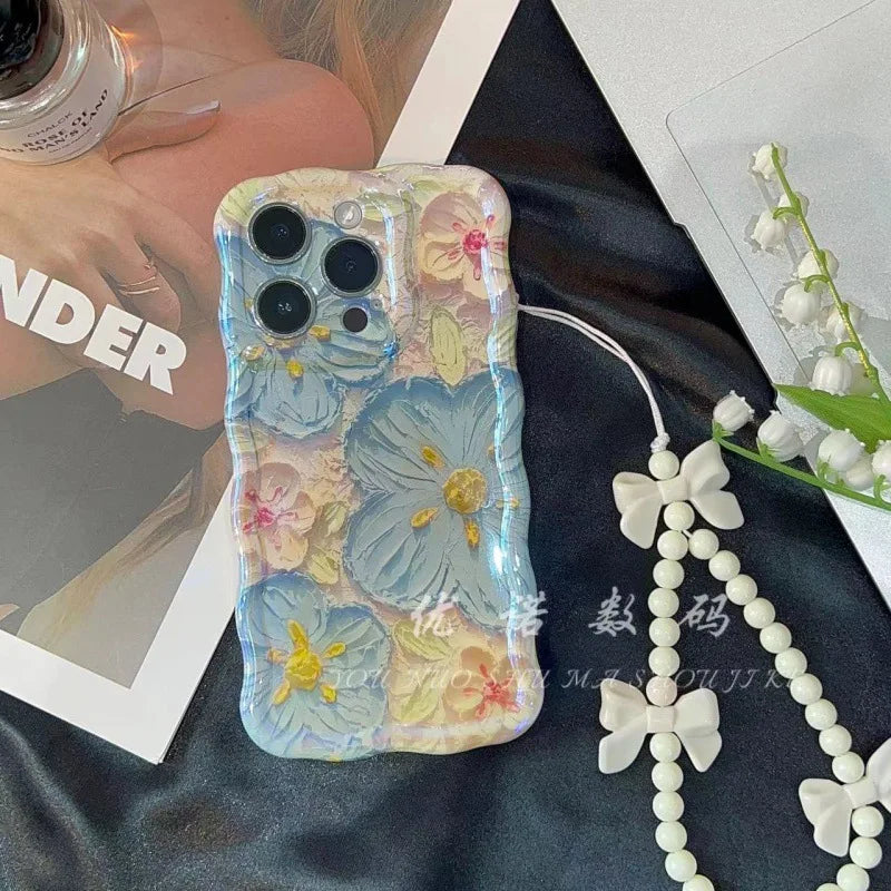 Blue Light Oil Painting Flower Phone Case for iPhone 16 15 14 Proof Anti-knock