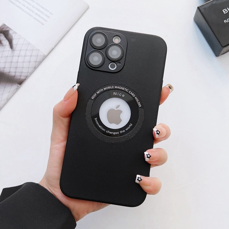 Luxury Leather Logo Hole Case for iPhone 14/13 /12 Glass Camera Film Protection Soft Shockproof Cover