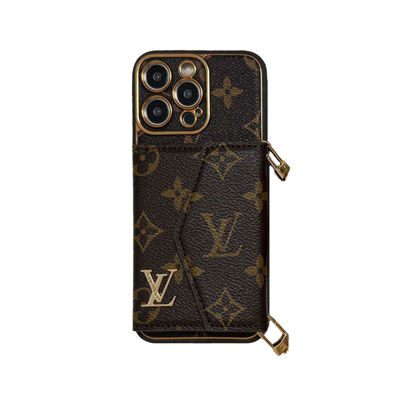 Designer Leather iPhone Case | Wallet + Strap | Brown Inspired