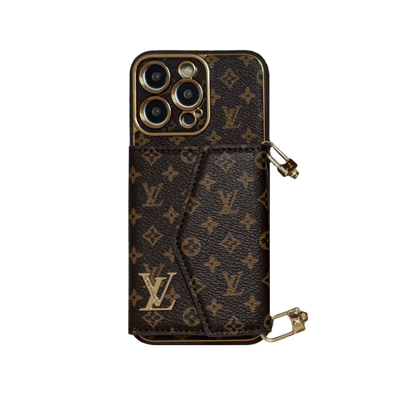 Designer Leather iPhone Case | Wallet + Strap | Brown Inspired
