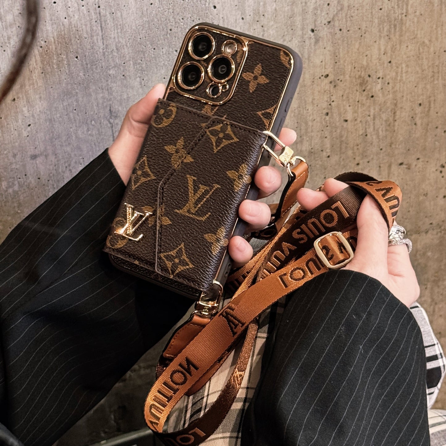 Designer Leather iPhone Case | Wallet + Strap | Brown Inspired