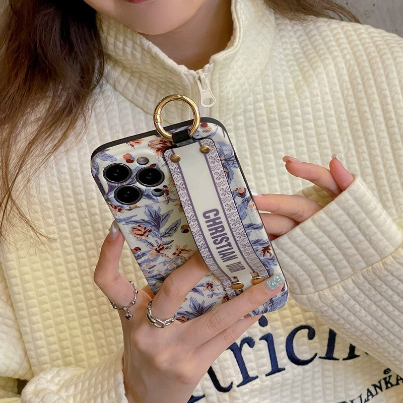 Designer Dior Purple & White iPhone Case With Hand Strap
