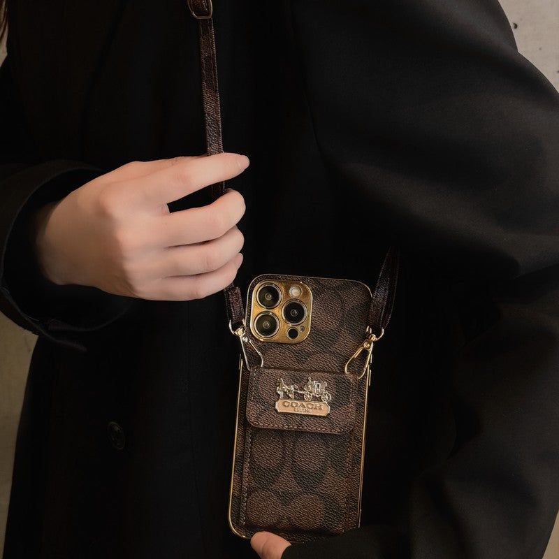 Designer Coach Leather iPhone Case With Card Holder And Strap