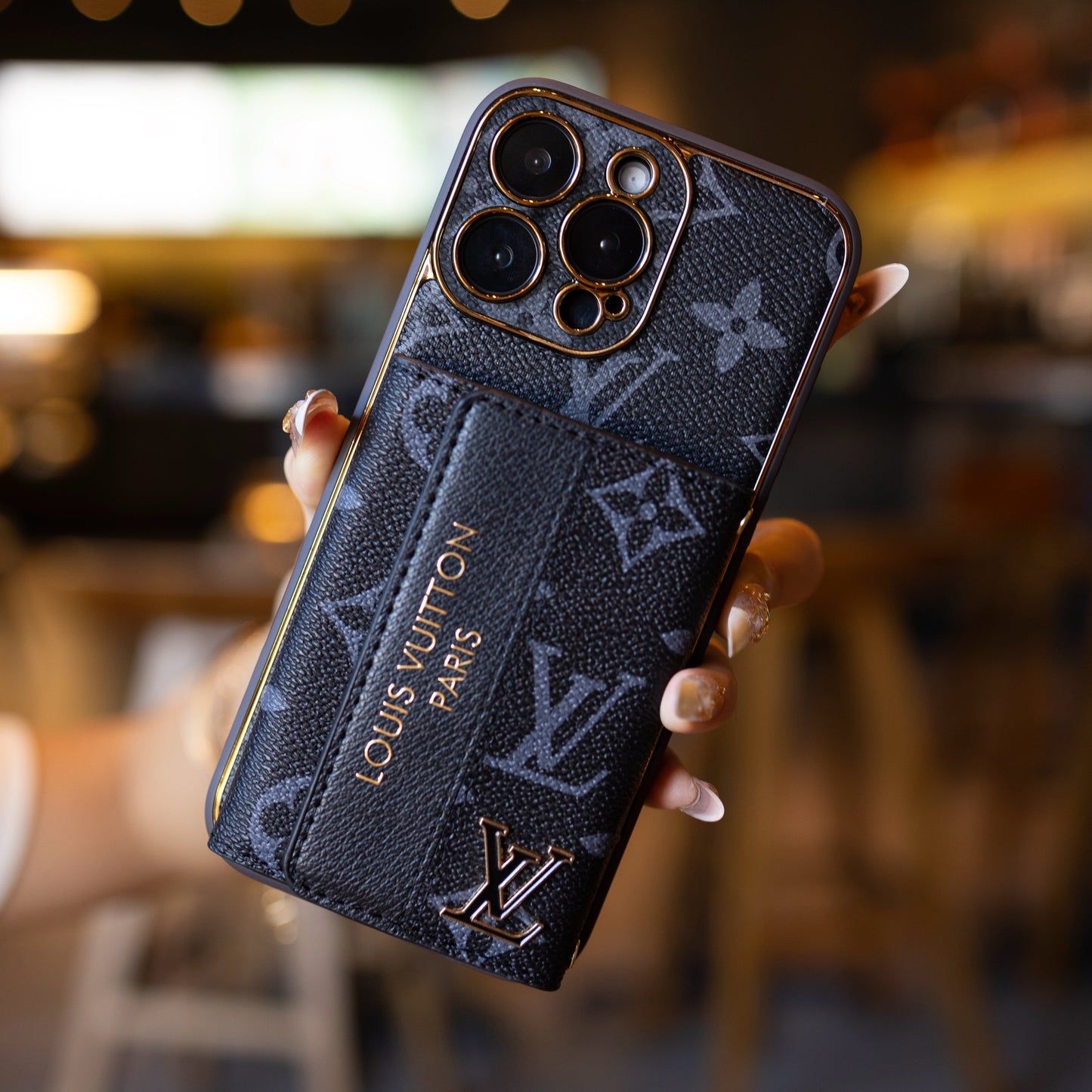 Luxury Leather LV iPhone Case with Card Holder & Strap