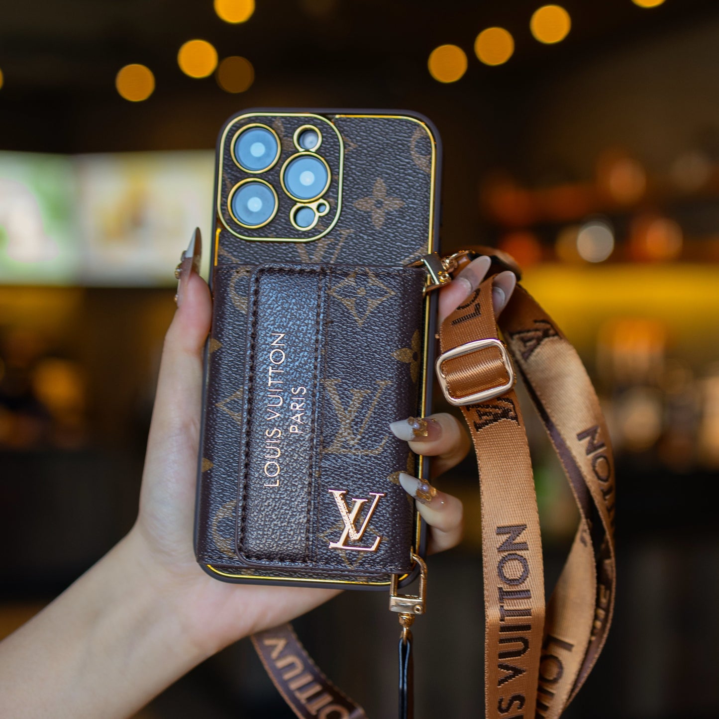 Luxury Leather LV iPhone Case with Card Holder & Strap