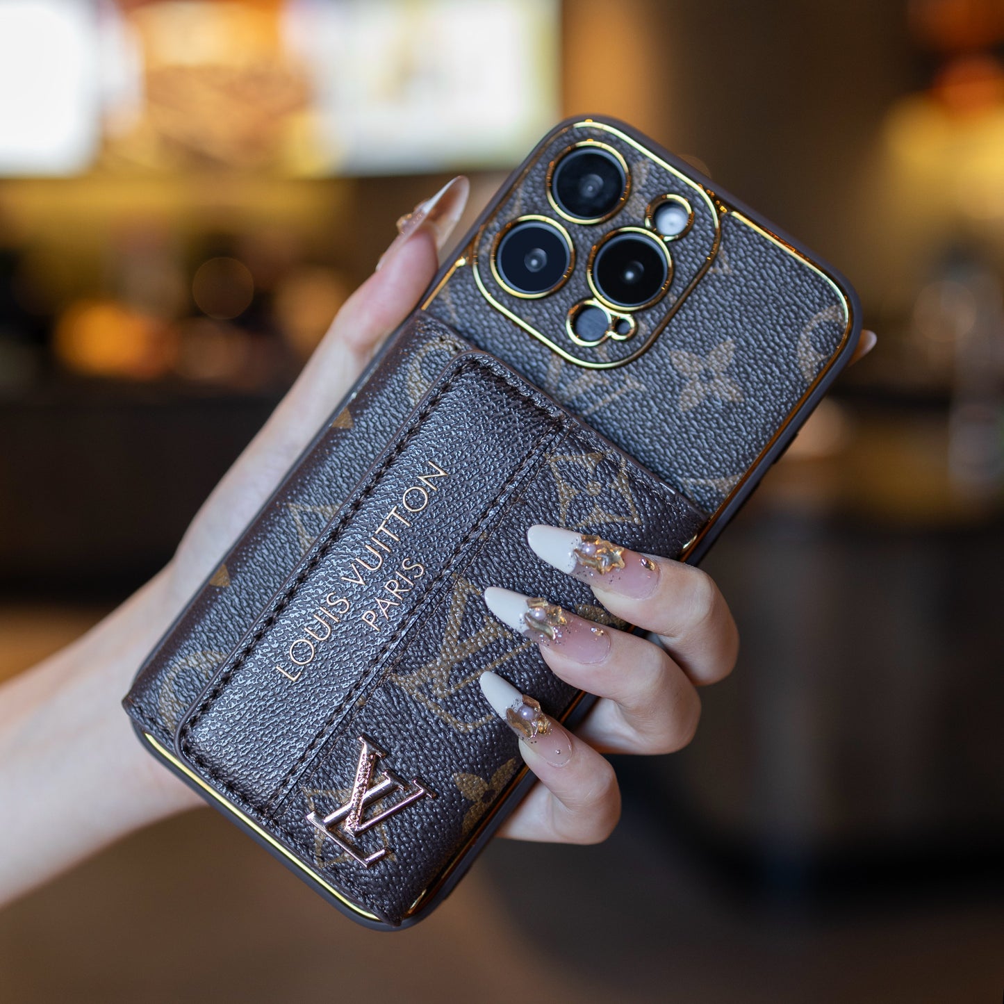 Luxury Leather LV iPhone Case with Card Holder & Strap