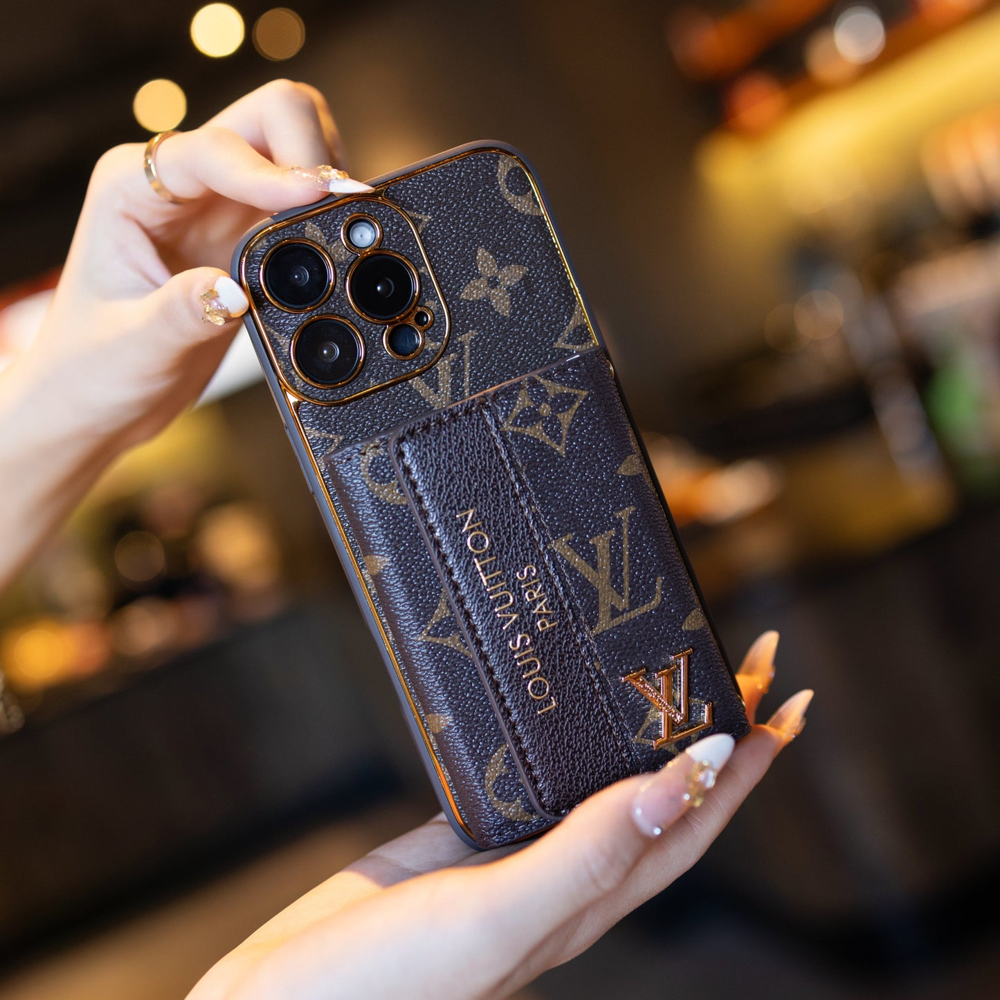 Luxury Leather LV iPhone Case with Card Holder & Strap