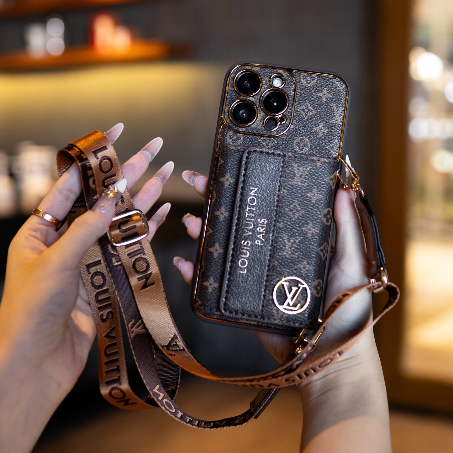 Luxury Leather LV iPhone Case with Card Holder & Strap