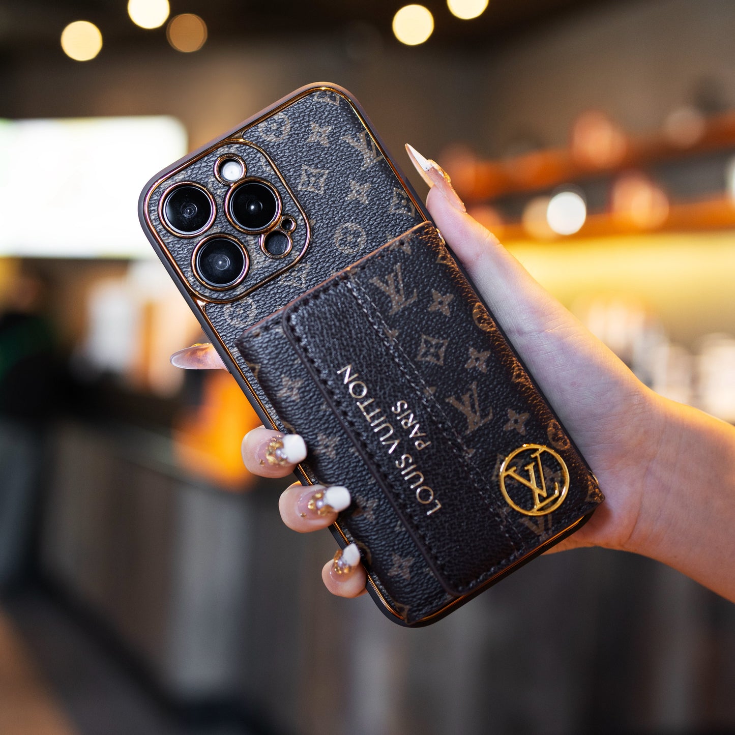 Luxury Leather LV iPhone Case with Card Holder & Strap