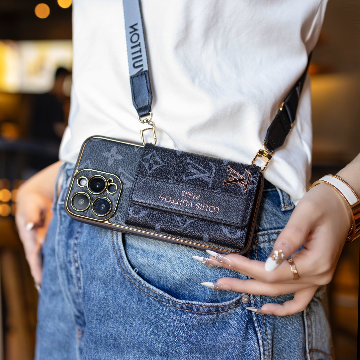 Luxury Leather LV iPhone Case with Card Holder & Strap