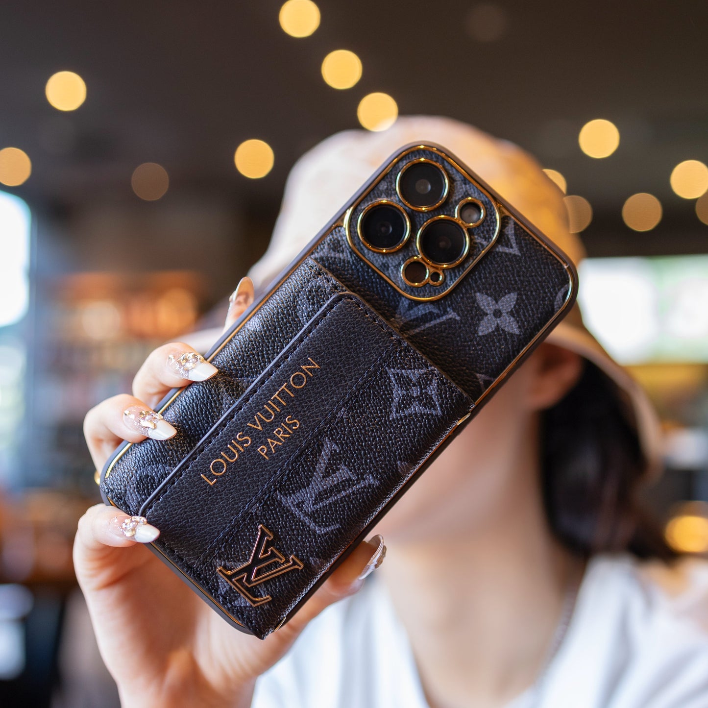 Luxury Leather LV iPhone Case with Card Holder & Strap