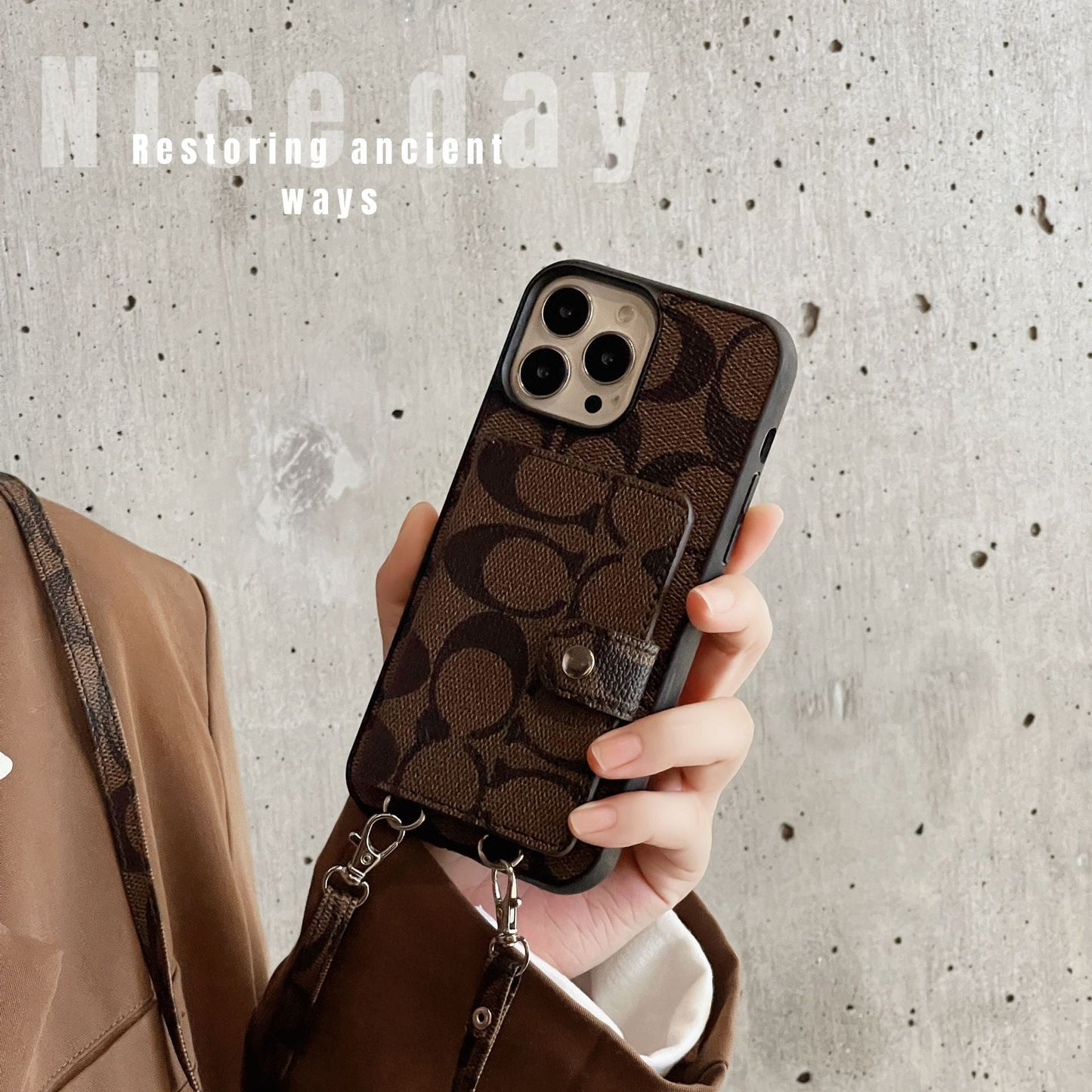 Coach Leather iPhone Case With Card Holder And Strap