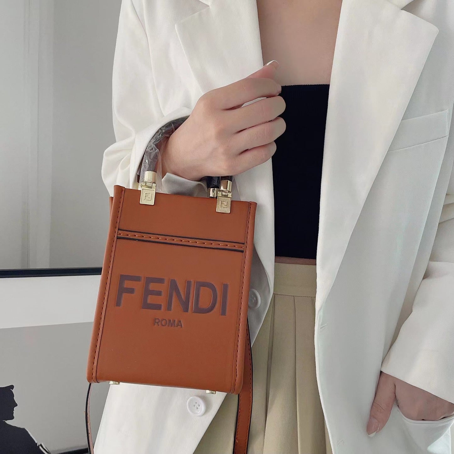 Designer Fendi Tote Bag With Crossbody Strap