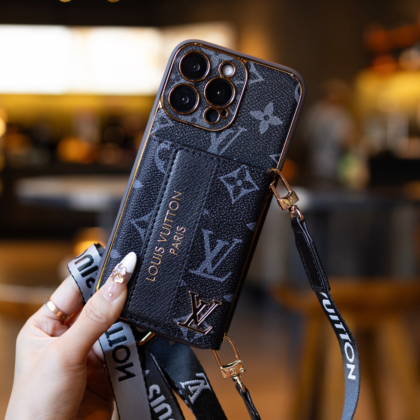 Luxury Leather LV iPhone Case with Card Holder & Strap