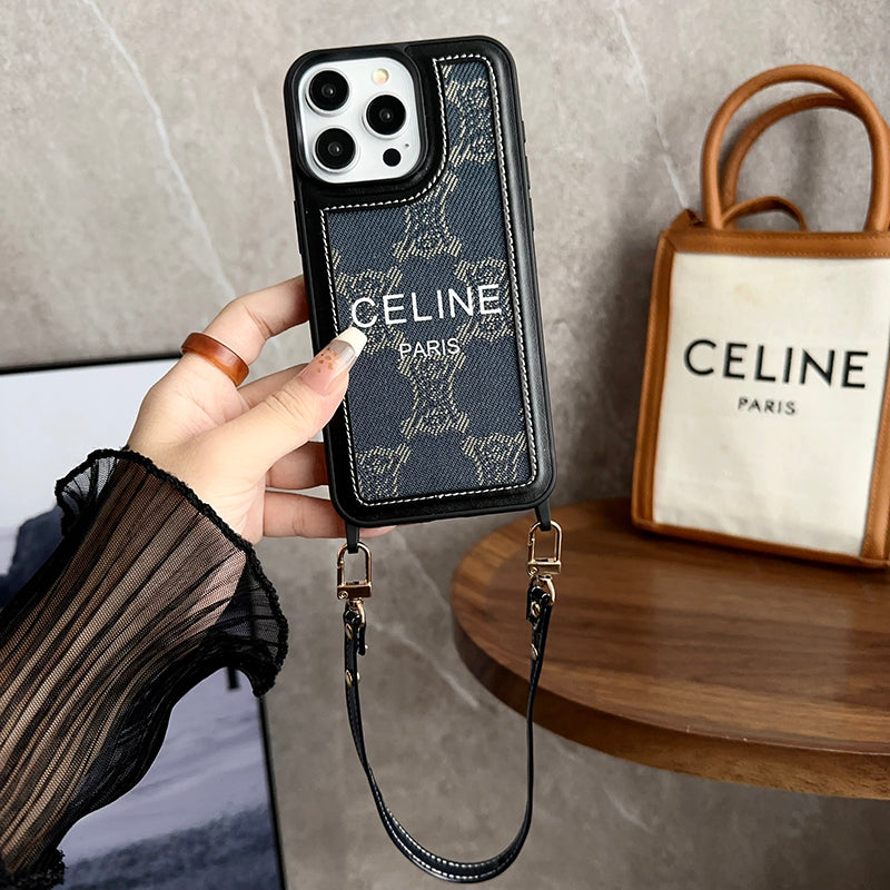 Designer Celine Leather IPhone Case with Wrist Strap