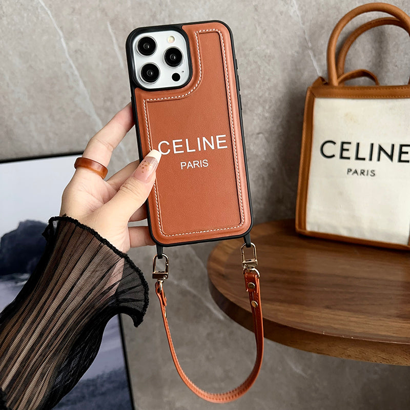 Designer Celine Leather IPhone Case with Wrist Strap