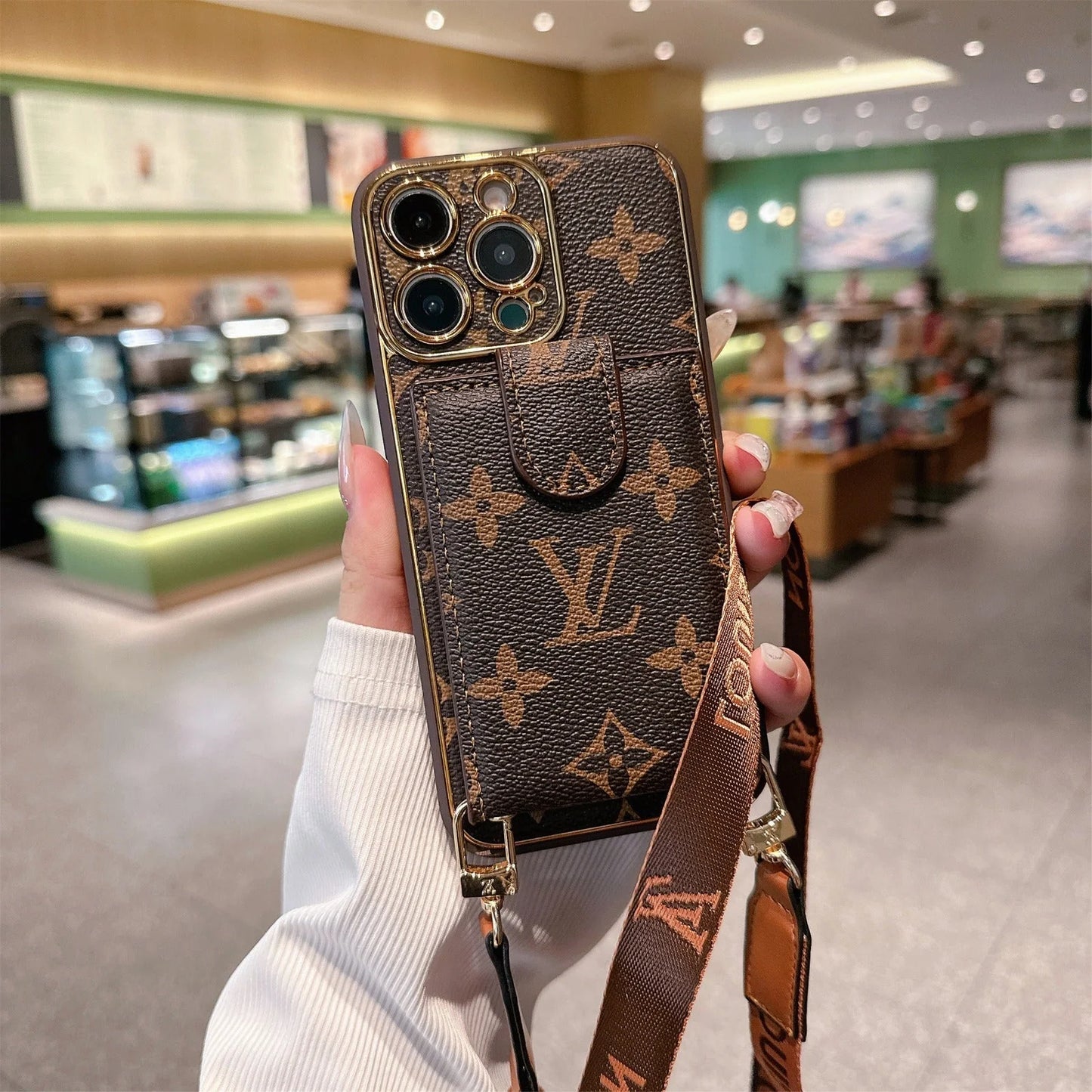 Luxury LV Monogram Crossbody Wallet Phone Case with Card Pocket Strap