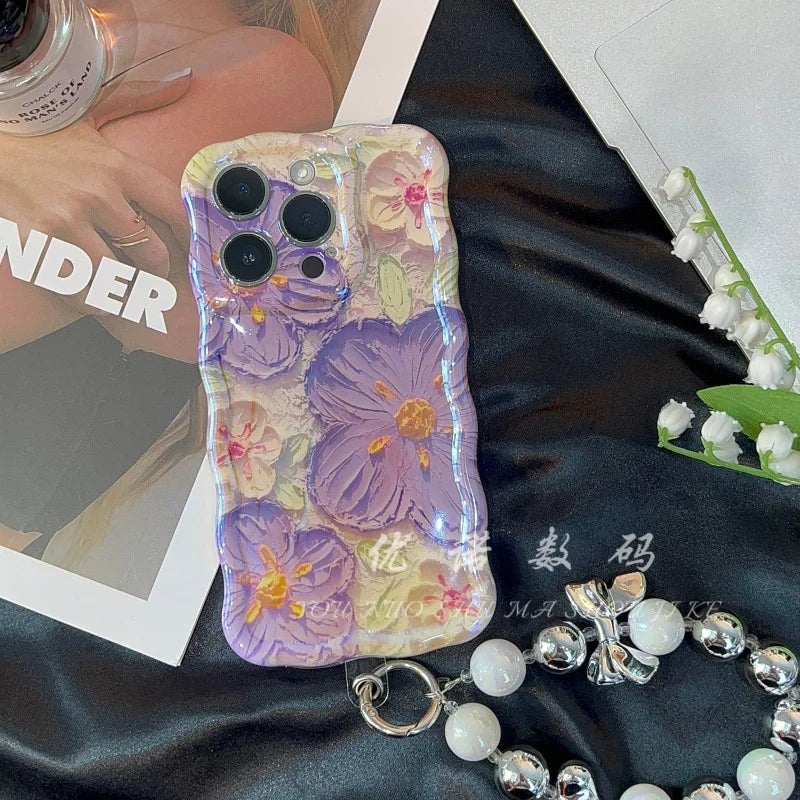 Blue Light Oil Painting Flower Phone Case for iPhone 16 15 14 Proof Anti-knock