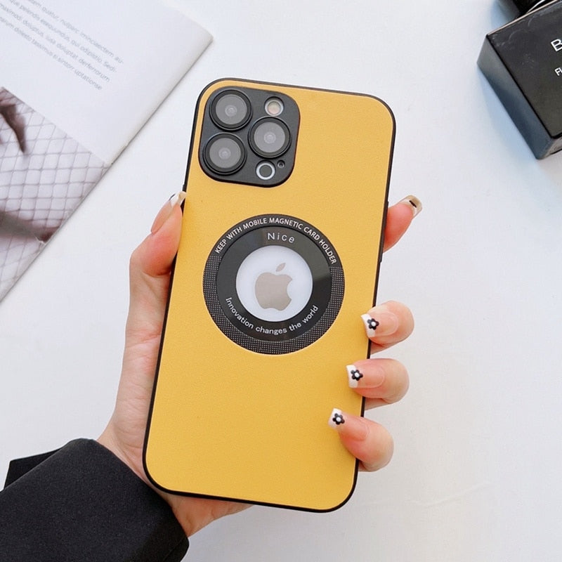 Luxury Leather Logo Hole Case for iPhone 14/13 /12 Glass Camera Film Protection Soft Shockproof Cover