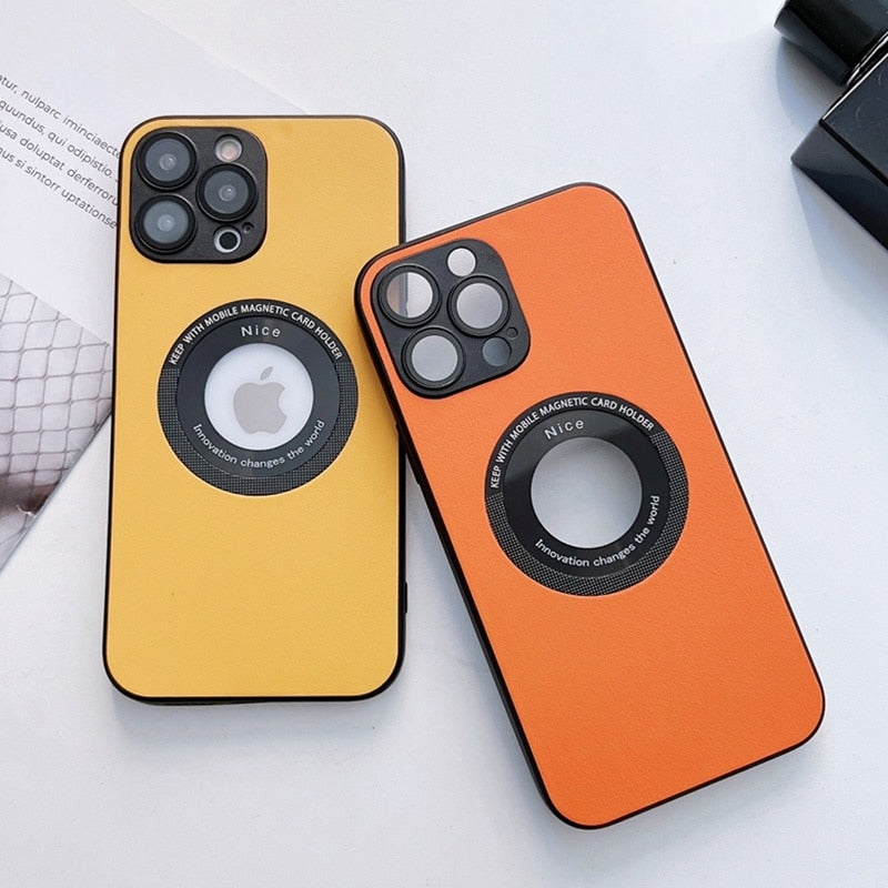Luxury Leather Logo Hole Case for iPhone 14/13 /12 Glass Camera Film Protection Soft Shockproof Cover