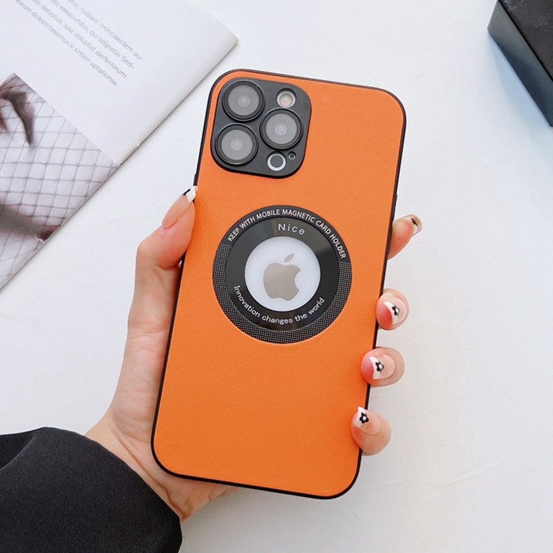 Luxury Leather Logo Hole Case for iPhone 14/13 /12 Glass Camera Film Protection Soft Shockproof Cover