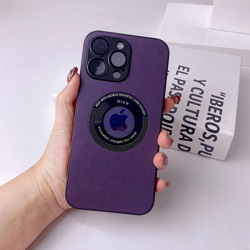 Luxury Leather Logo Hole Case for iPhone 14/13 /12 Glass Camera Film Protection Soft Shockproof Cover