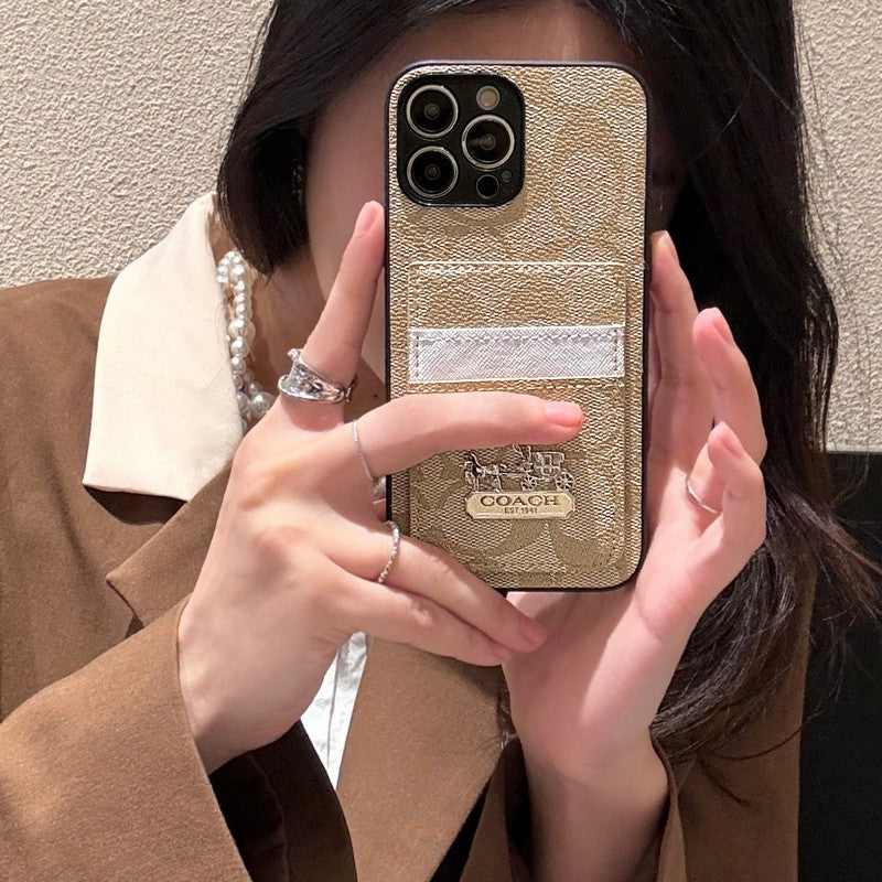 Inspired Coach Leather iPhone Case With ID Card Holder