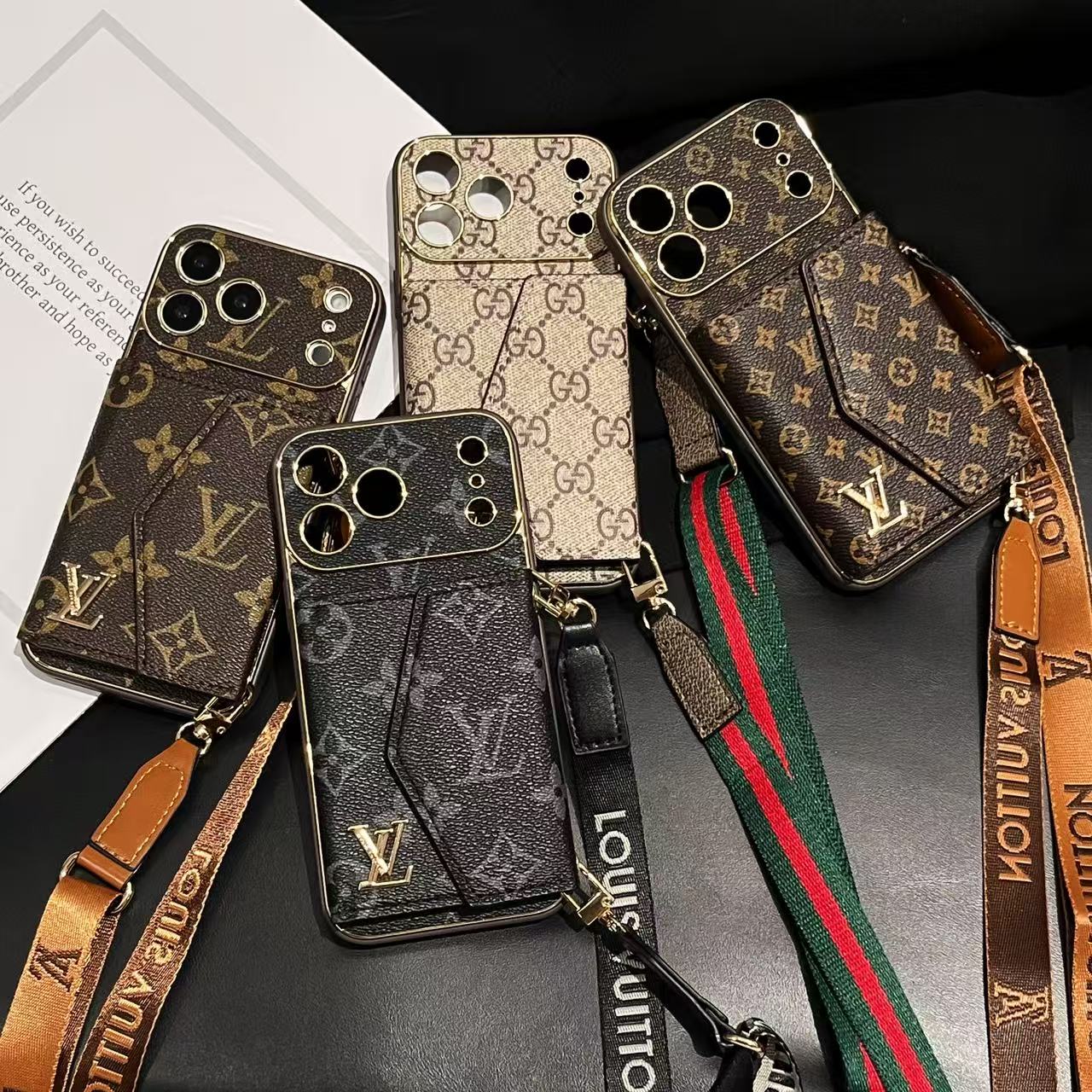 Designer Leather iPhone Case | Wallet + Strap | Brown Inspired